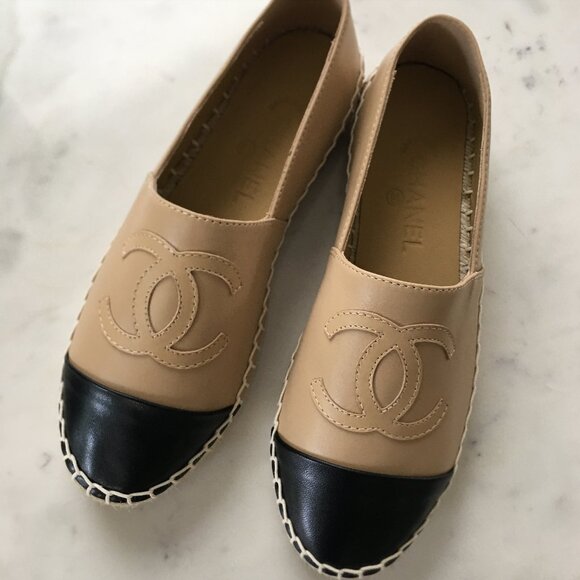 Chanel Beige/Black Lambskin Espadrilles - Picture 1 of 7